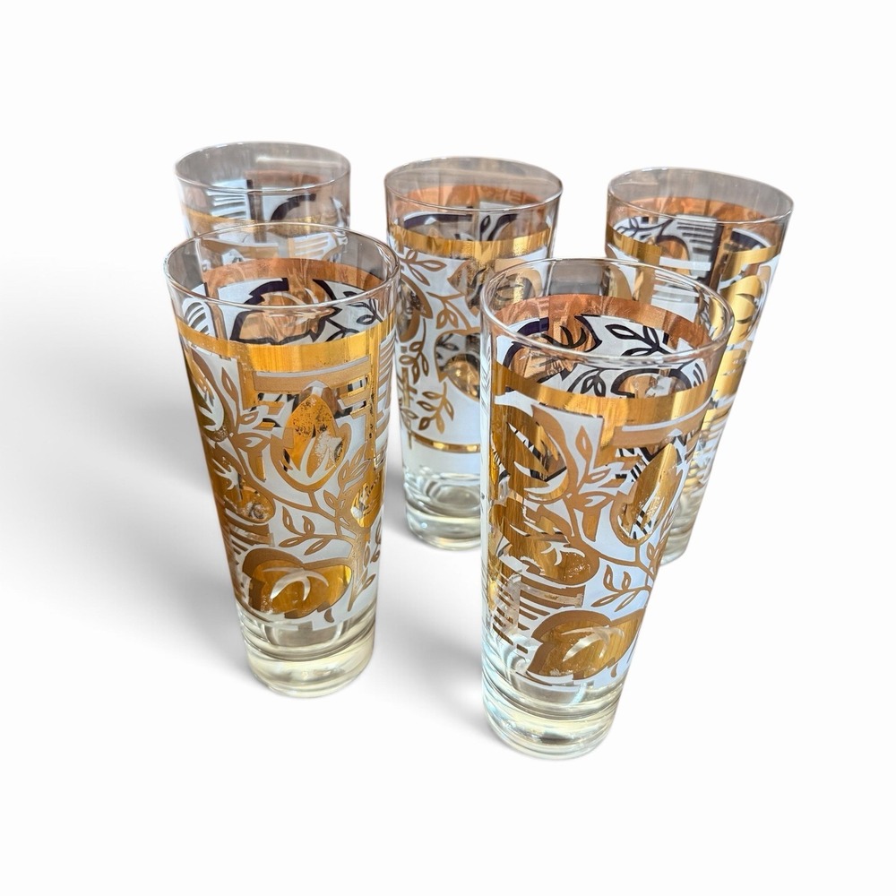 5 Mid-Century MCM Asian Highball Tall‎ Tumbler Drinking Glasses Gold Foil Leaves